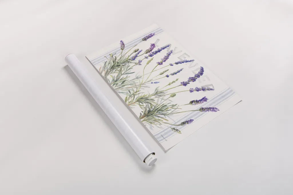 Floursack Lavender V by Danhui Nai. shown as a rolled paper print. Available as archival giclee rolled canvas, fine art paper, or poster print. SKU 68714i.