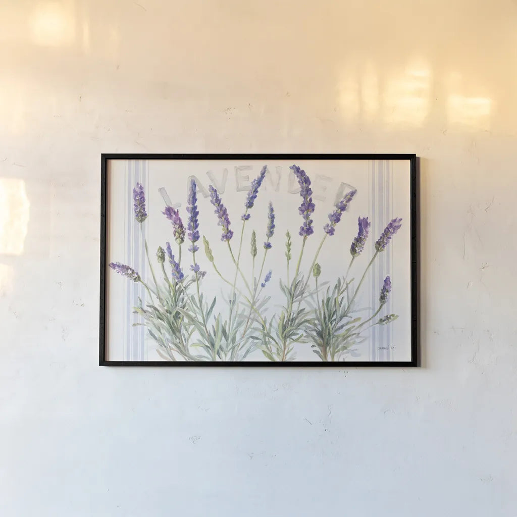 Floursack Lavender V by Danhui Nai. shown as a paper print in a black flame. Available as a archival giclee rolled canvas, fine art paper, or poster print. SKU 68714i.