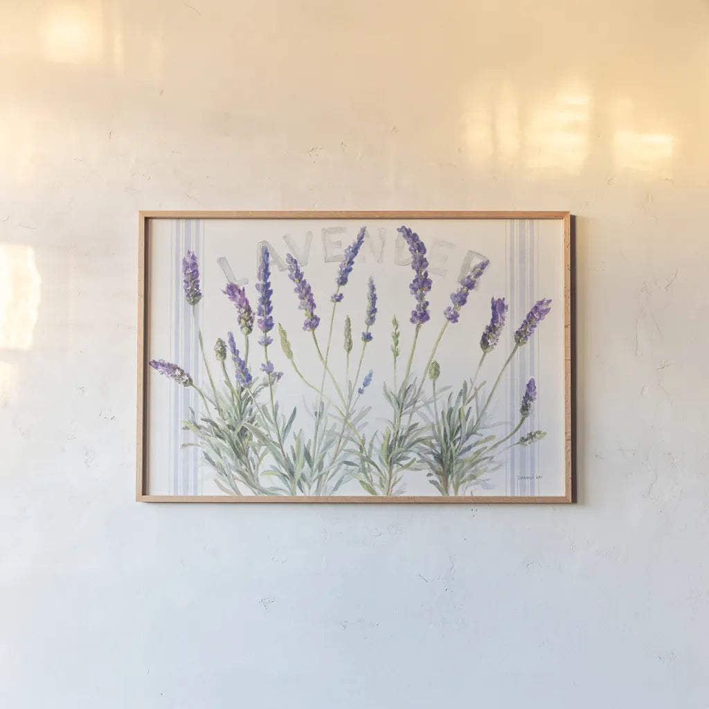 Floursack Lavender V by Danhui Nai. shown as a paper print in a natural frame. Available as a archival giclee rolled canvas, fine art paper, or poster print. SKU 68714i.
