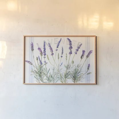 Floursack Lavender V by Danhui Nai. shown as a paper print in a natural frame. Available as a archival giclee rolled canvas, fine art paper, or poster print. SKU 68714i.