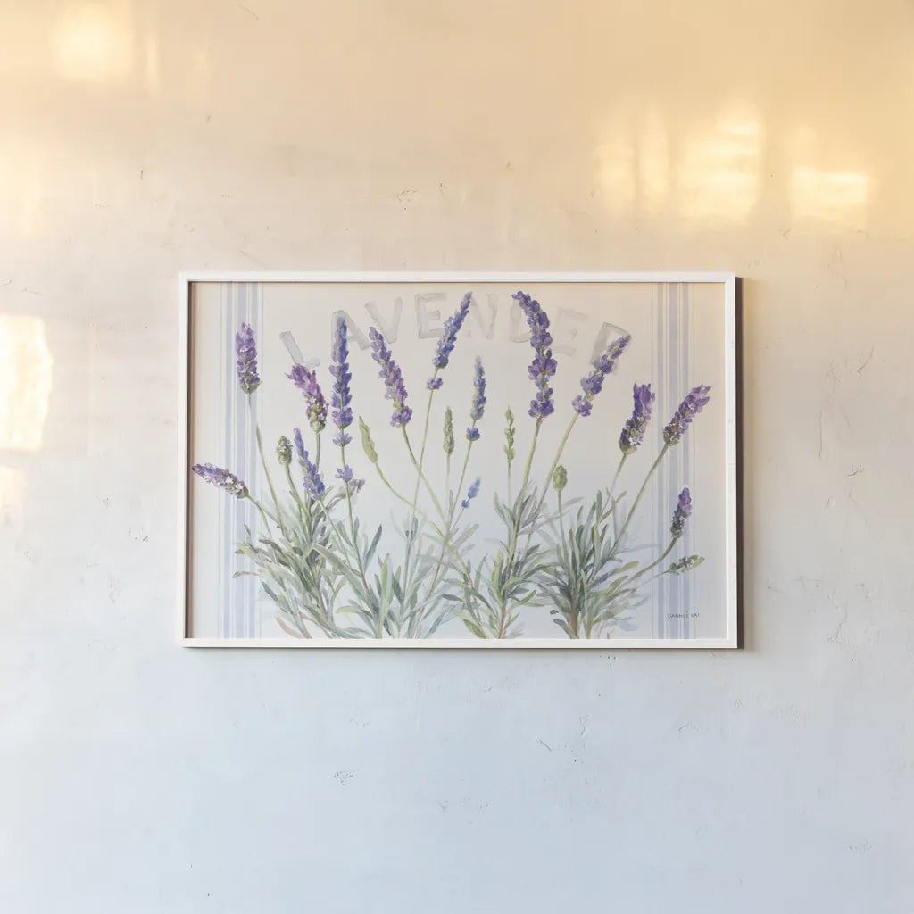 Floursack Lavender V by Danhui Nai. shown as a paper print in a white frame. Available as a archival giclee rolled canvas, fine art paper, or poster print. SKU 68714i.