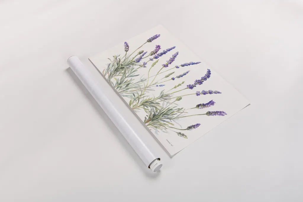 Floursack Lavender V on Linen by Danhui Nai. shown as a rolled paper print. Available as archival giclee rolled canvas, fine art paper, or poster print. SKU 68719i.