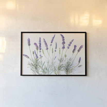 Floursack Lavender V on Linen by Danhui Nai. shown as a paper print in a black flame. Available as a archival giclee rolled canvas, fine art paper, or poster print. SKU 68719i.