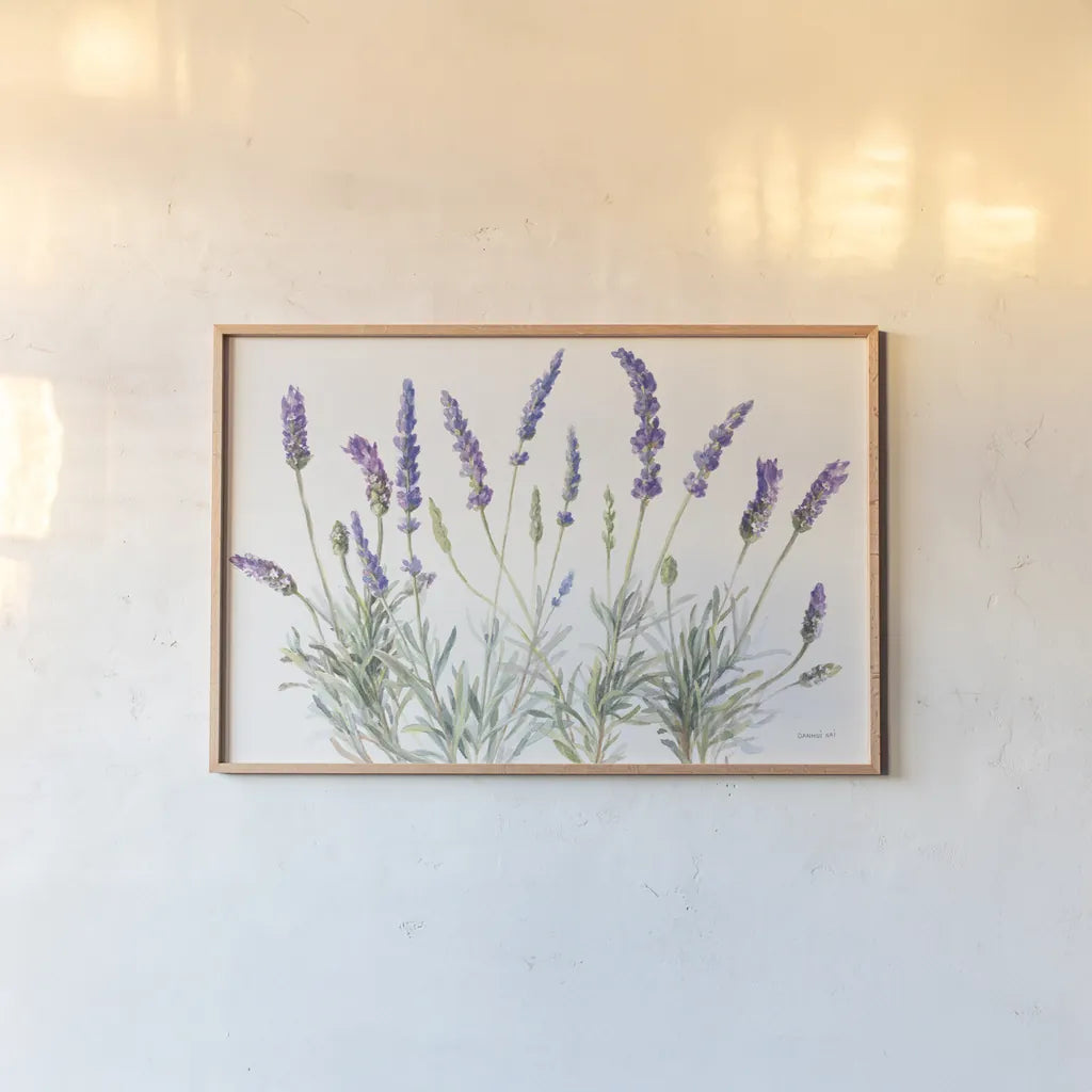 Floursack Lavender V on Linen by Danhui Nai. shown as a paper print in a natural frame. Available as a archival giclee rolled canvas, fine art paper, or poster print. SKU 68719i.