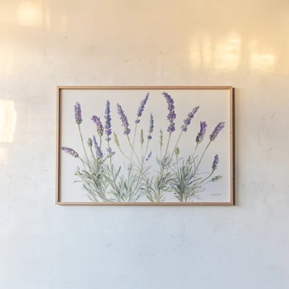 Floursack Lavender V on Linen by Danhui Nai. shown as a paper print in a natural frame. Available as a archival giclee rolled canvas, fine art paper, or poster print. SKU 68719i.