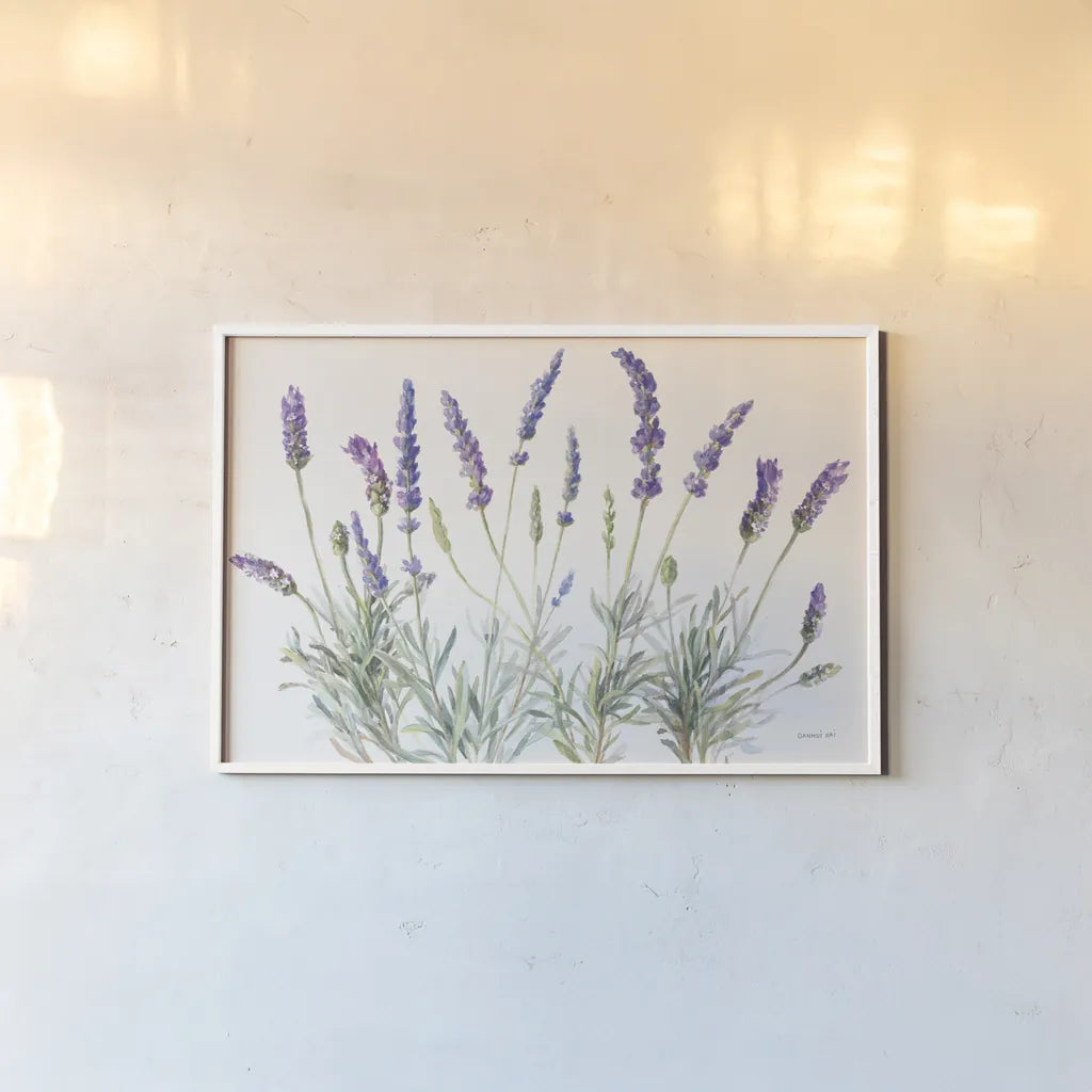 Floursack Lavender V on Linen by Danhui Nai. shown as a paper print in a white frame. Available as a archival giclee rolled canvas, fine art paper, or poster print. SKU 68719i.