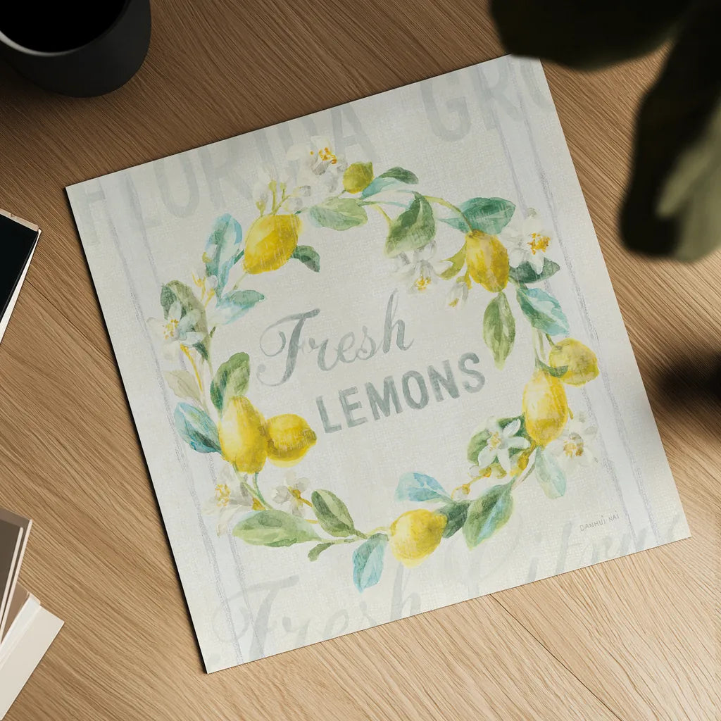 Floursack Lemon V by Danhui Nai. Shown as a detailed flat fine art print, highlighting archival giclee quality. Available as an archival giclee rolled canvas, fine art paper, or poster print. SKU 45786a.