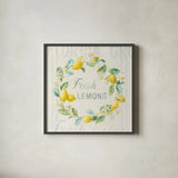 Floursack Lemon V by Danhui Nai. Shown in a sleek black glass frame for a contemporary gallery look. Available as an archival giclee rolled canvas, fine art paper, or poster print. SKU 45786a.