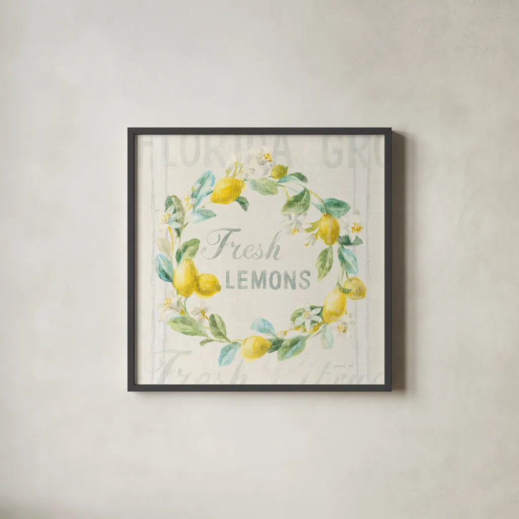 Floursack Lemon V by Danhui Nai. Shown in a sleek black glass frame for a contemporary gallery look. Available as an archival giclee rolled canvas, fine art paper, or poster print. SKU 45786a.