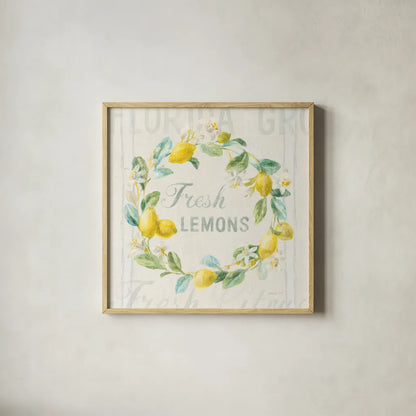 Floursack Lemon V by Danhui Nai. Shown in a natural wood glass frame for a timeless modern aesthetic. Available as an archival giclee rolled canvas, fine art paper, or poster print. SKU 45786a.