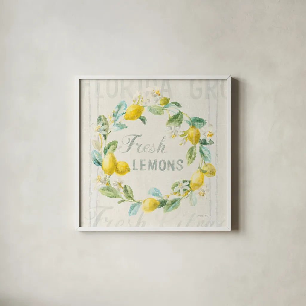 Floursack Lemon V by Danhui Nai. Shown in a crisp white glass frame for a clean and minimalist style. Available as an archival giclee rolled canvas, fine art paper, or poster print. SKU 45786a.