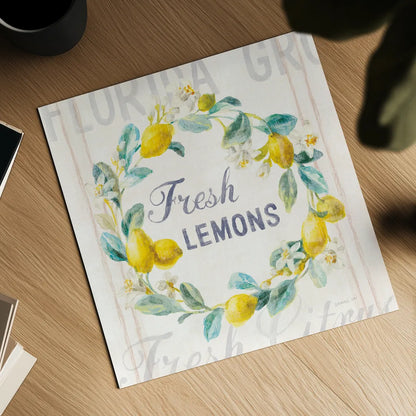 Floursack Lemon V Bright by Danhui Nai. Shown as a detailed flat fine art print, highlighting archival giclee quality. Available as an archival giclee rolled canvas, fine art paper, or poster print. SKU 46701a.