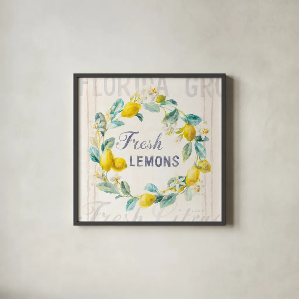 Floursack Lemon V Bright by Danhui Nai. Shown in a sleek black glass frame for a contemporary gallery look. Available as an archival giclee rolled canvas, fine art paper, or poster print. SKU 46701a.