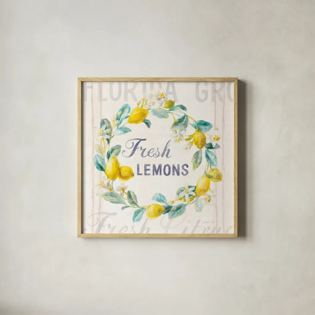 Floursack Lemon V Bright by Danhui Nai. Shown in a natural wood glass frame for a timeless modern aesthetic. Available as an archival giclee rolled canvas, fine art paper, or poster print. SKU 46701a.