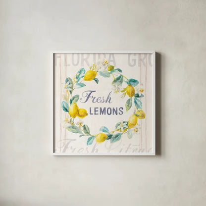 Floursack Lemon V Bright by Danhui Nai. Shown in a crisp white glass frame for a clean and minimalist style. Available as an archival giclee rolled canvas, fine art paper, or poster print. SKU 46701a.