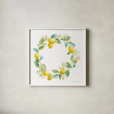 Floursack Lemon V on White by Danhui Nai. Shown in a crisp white glass frame for a clean and minimalist style. Available as an archival giclee rolled canvas, fine art paper, or poster print. SKU 45791a.