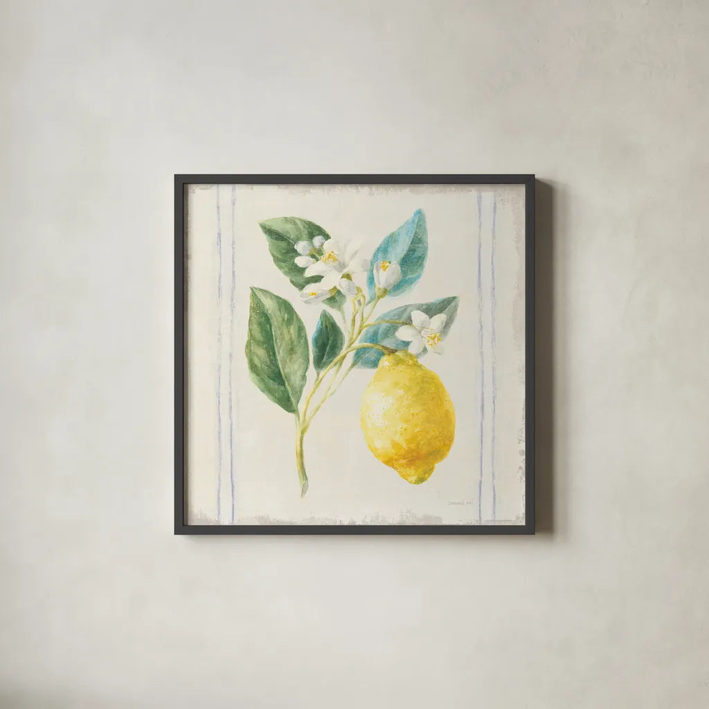 Floursack Lemons I Sq Navy by Danhui Nai. Shown in a sleek black glass frame for a contemporary gallery look. Available as an archival giclee rolled canvas, fine art paper, or poster print. SKU 46394a.