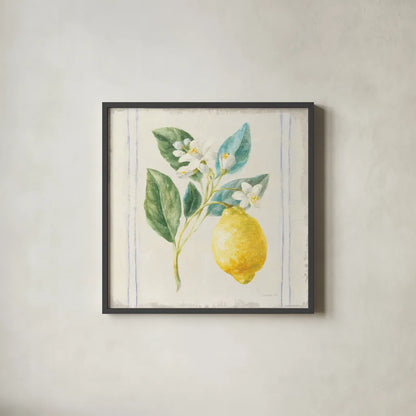 Floursack Lemons I Sq Navy by Danhui Nai. Shown in a sleek black glass frame for a contemporary gallery look. Available as an archival giclee rolled canvas, fine art paper, or poster print. SKU 46394a.