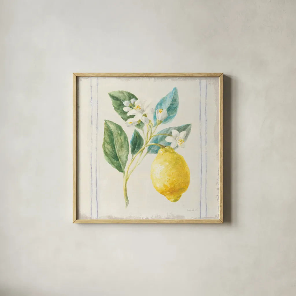 Floursack Lemons I Sq Navy by Danhui Nai. Shown in a natural wood glass frame for a timeless modern aesthetic. Available as an archival giclee rolled canvas, fine art paper, or poster print. SKU 46394a.