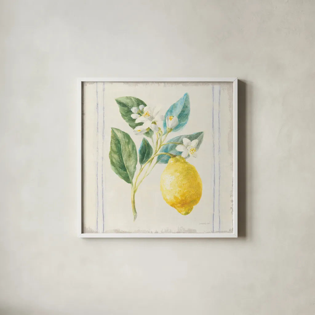 Floursack Lemons I Sq Navy by Danhui Nai. Shown in a crisp white glass frame for a clean and minimalist style. Available as an archival giclee rolled canvas, fine art paper, or poster print. SKU 46394a.