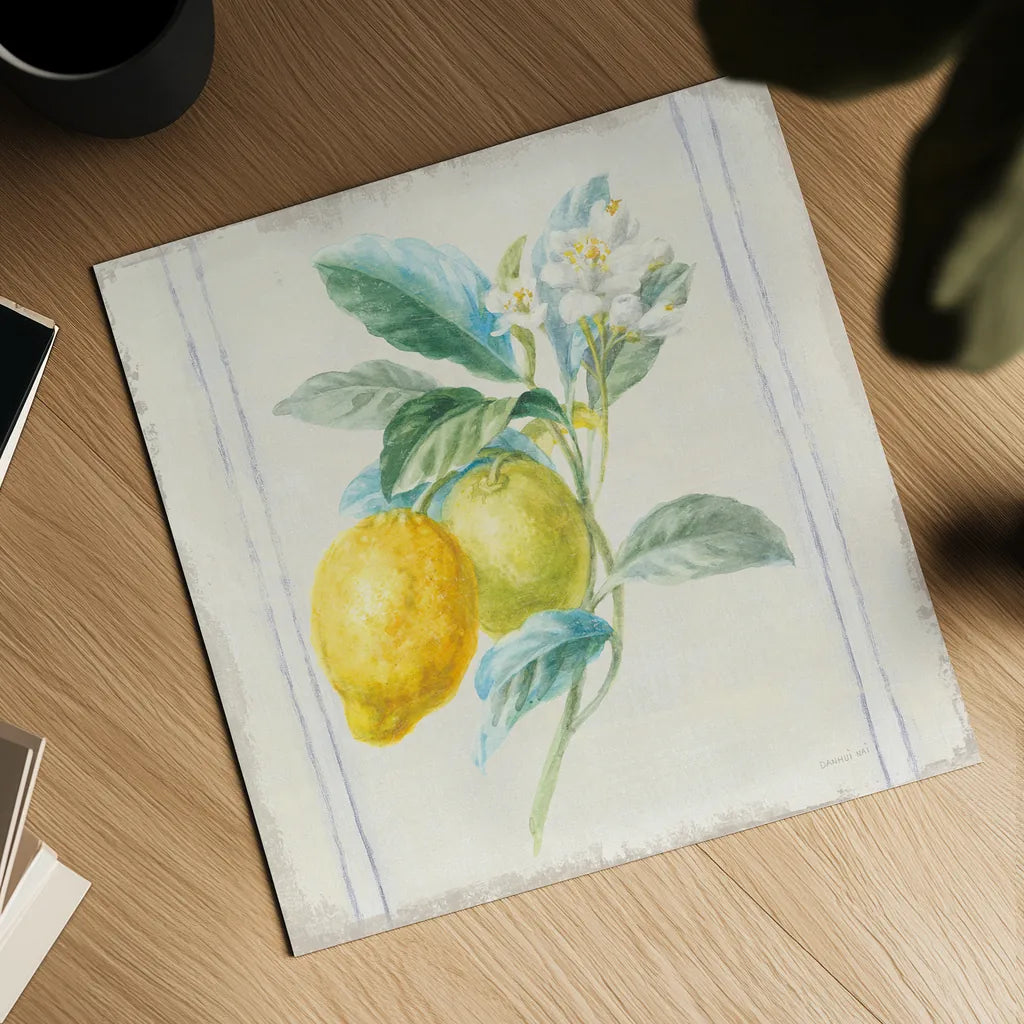 Floursack Lemons II Sq Navy by Danhui Nai. Shown as a detailed flat fine art print, highlighting archival giclee quality. Available as an archival giclee rolled canvas, fine art paper, or poster print. SKU 46395a.