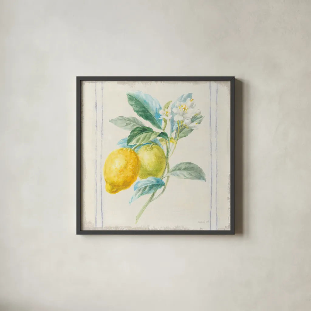 Floursack Lemons II Sq Navy by Danhui Nai. Shown in a sleek black glass frame for a contemporary gallery look. Available as an archival giclee rolled canvas, fine art paper, or poster print. SKU 46395a.