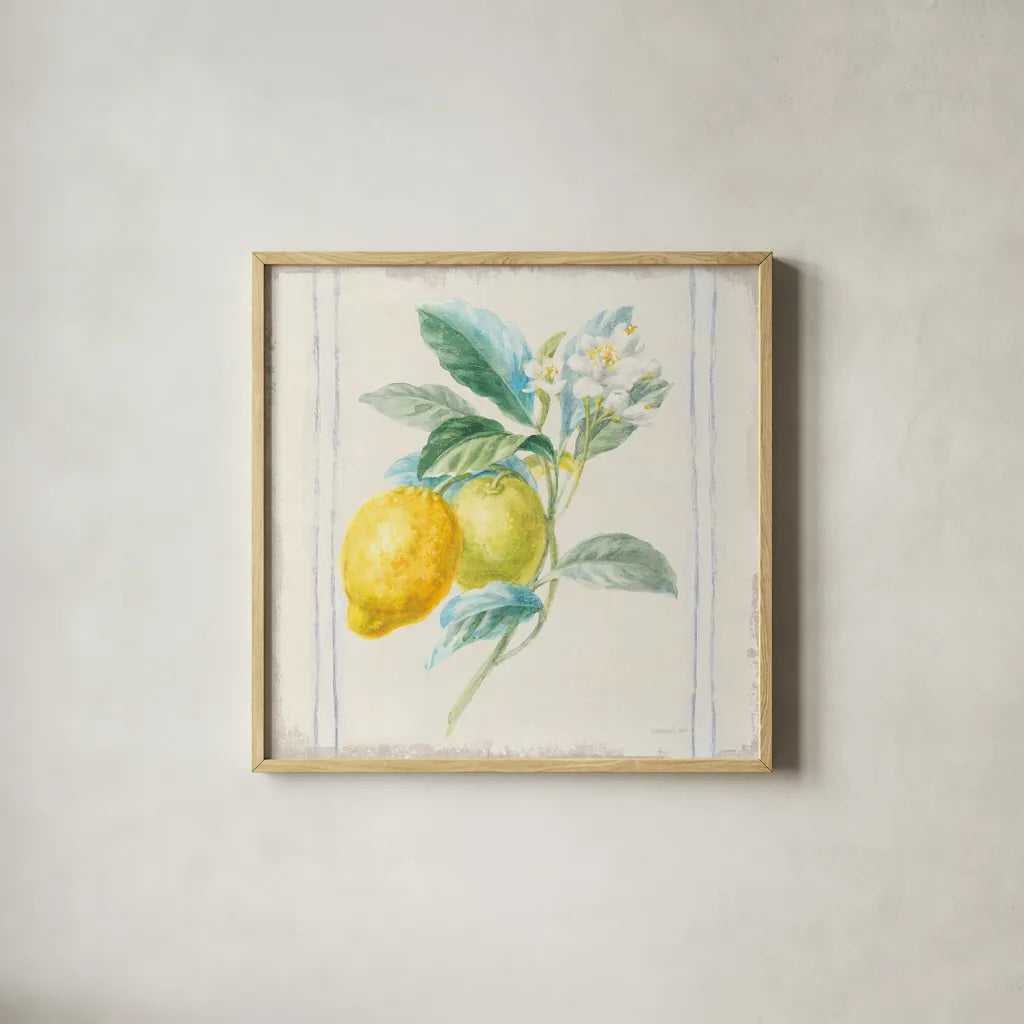 Floursack Lemons II Sq Navy by Danhui Nai. Shown in a natural wood glass frame for a timeless modern aesthetic. Available as an archival giclee rolled canvas, fine art paper, or poster print. SKU 46395a.