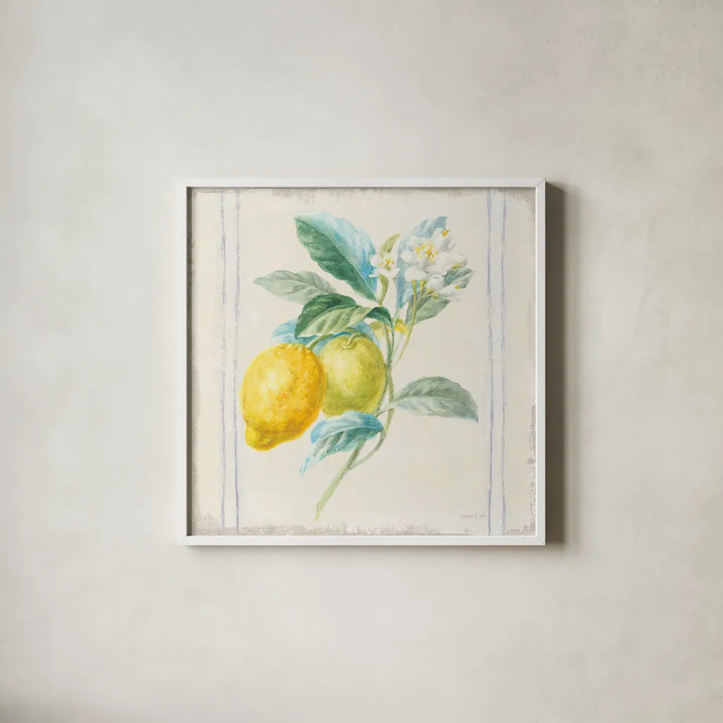 Floursack Lemons II Sq Navy by Danhui Nai. Shown in a crisp white glass frame for a clean and minimalist style. Available as an archival giclee rolled canvas, fine art paper, or poster print. SKU 46395a.