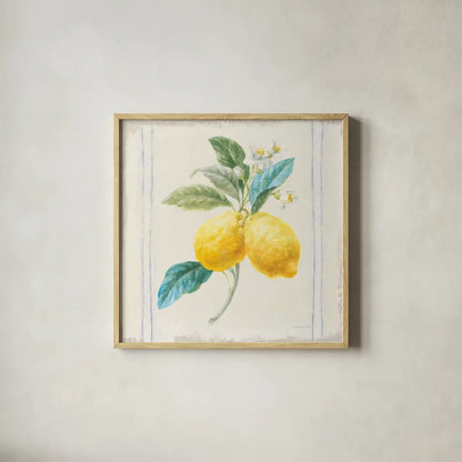 Floursack Lemons III Sq Navy by Danhui Nai. Shown in a natural wood glass frame for a timeless modern aesthetic. Available as an archival giclee rolled canvas, fine art paper, or poster print. SKU 46396a.
