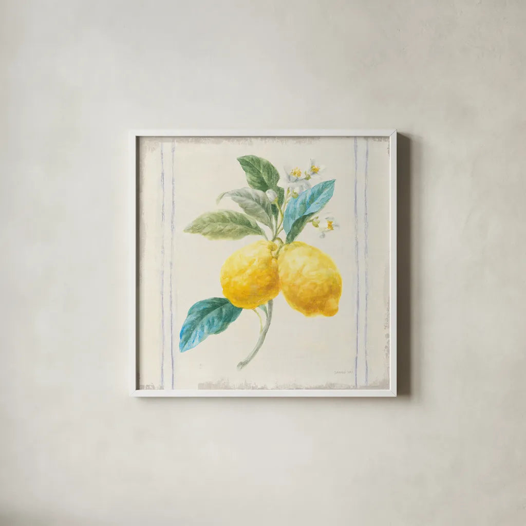 Floursack Lemons III Sq Navy by Danhui Nai. Shown in a crisp white glass frame for a clean and minimalist style. Available as an archival giclee rolled canvas, fine art paper, or poster print. SKU 46396a.