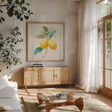 Floursack Lemons III Sq Navy by Danhui Nai. Shown in a natural wood frame in a cozy modern living room. Available as an archival giclee rolled canvas, fine art paper, or poster print. SKU 46396a.