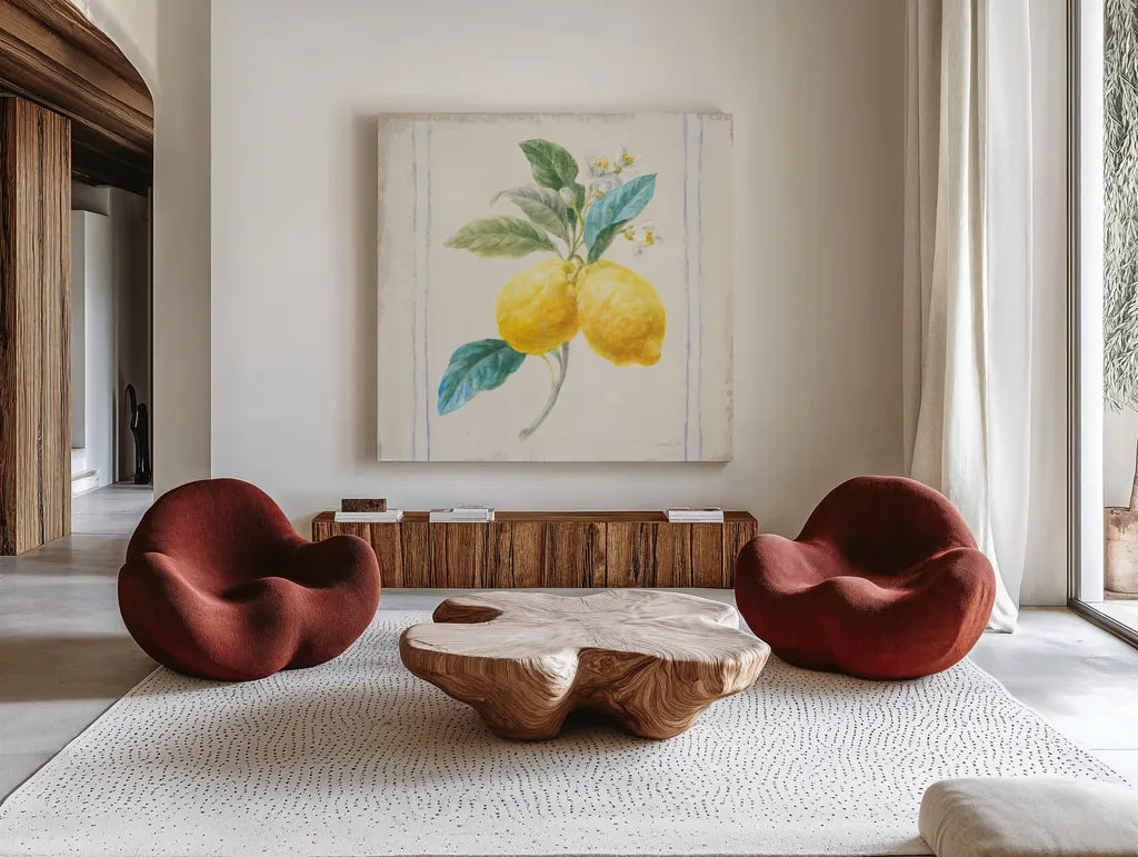 Floursack Lemons III Sq Navy by Danhui Nai. Shown as extra-large giant wall art in a modern living room. Available as an archival giclee rolled canvas, fine art paper, or poster print. SKU 46396a.