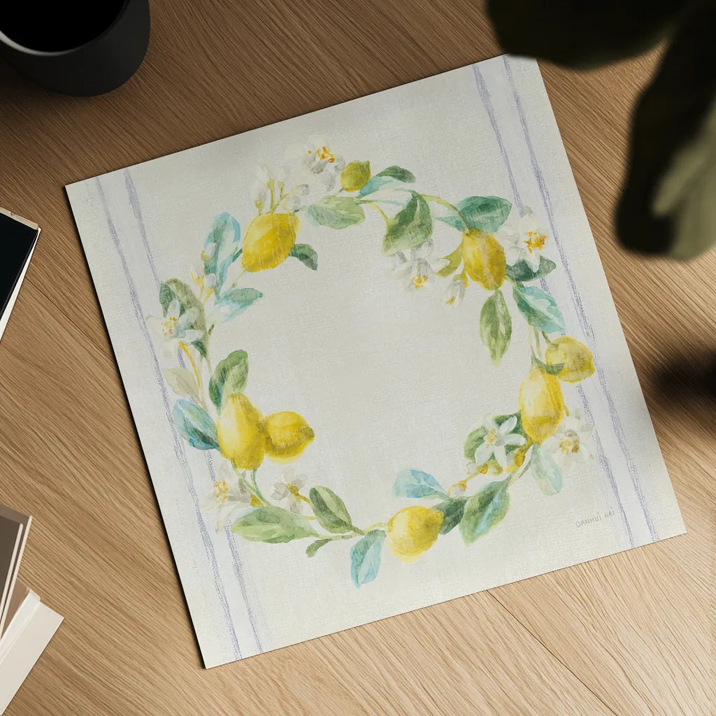 Floursack Lemons V Navy by Danhui Nai. Shown as a detailed flat fine art print, highlighting archival giclee quality. Available as an archival giclee rolled canvas, fine art paper, or poster print. SKU 46398a.