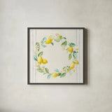 Floursack Lemons V Navy by Danhui Nai. Shown in a sleek black glass frame for a contemporary gallery look. Available as an archival giclee rolled canvas, fine art paper, or poster print. SKU 46398a.
