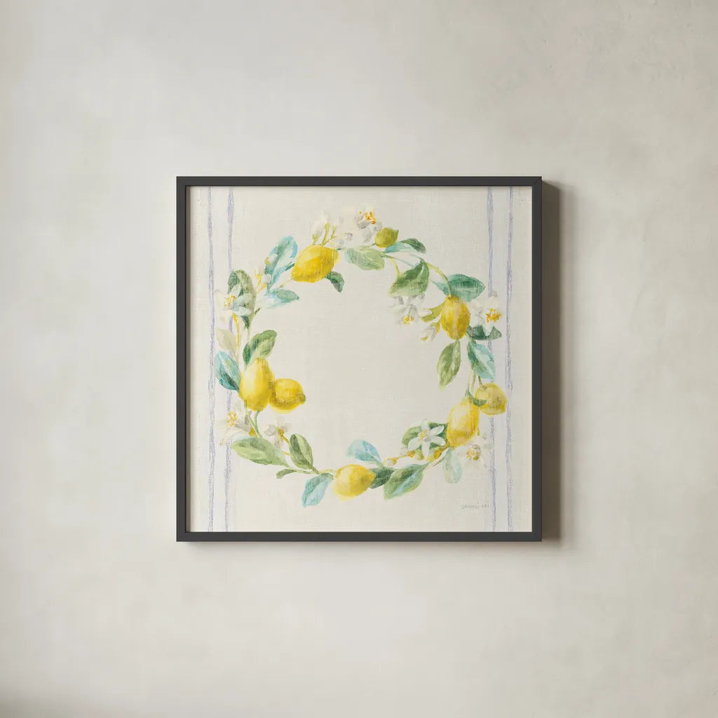 Floursack Lemons V Navy by Danhui Nai. Shown in a sleek black glass frame for a contemporary gallery look. Available as an archival giclee rolled canvas, fine art paper, or poster print. SKU 46398a.