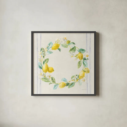 Floursack Lemons V Navy by Danhui Nai. Shown in a sleek black glass frame for a contemporary gallery look. Available as an archival giclee rolled canvas, fine art paper, or poster print. SKU 46398a.