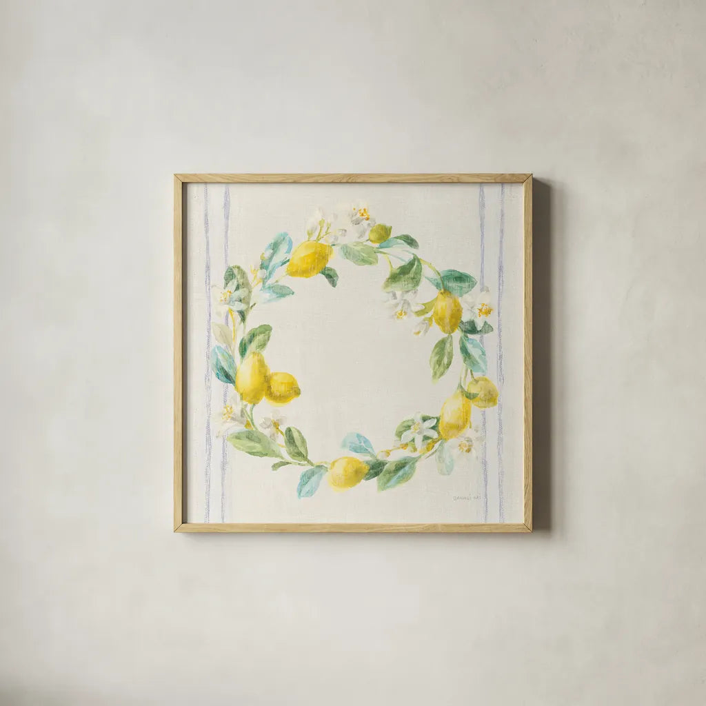 Floursack Lemons V Navy by Danhui Nai. Shown in a natural wood glass frame for a timeless modern aesthetic. Available as an archival giclee rolled canvas, fine art paper, or poster print. SKU 46398a.