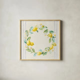 Floursack Lemons V Navy by Danhui Nai. Shown in a natural wood glass frame for a timeless modern aesthetic. Available as an archival giclee rolled canvas, fine art paper, or poster print. SKU 46398a.