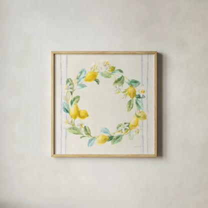 Floursack Lemons V Navy by Danhui Nai. Shown in a natural wood glass frame for a timeless modern aesthetic. Available as an archival giclee rolled canvas, fine art paper, or poster print. SKU 46398a.