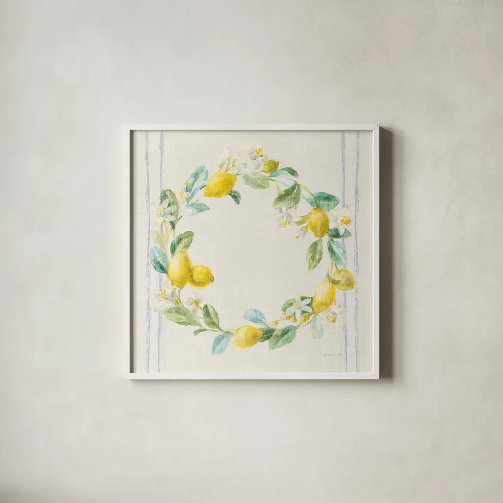 Floursack Lemons V Navy by Danhui Nai. Shown in a crisp white glass frame for a clean and minimalist style. Available as an archival giclee rolled canvas, fine art paper, or poster print. SKU 46398a.