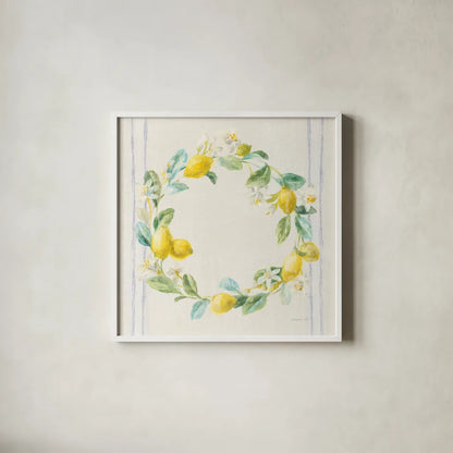 Floursack Lemons V Navy by Danhui Nai. Shown in a crisp white glass frame for a clean and minimalist style. Available as an archival giclee rolled canvas, fine art paper, or poster print. SKU 46398a.