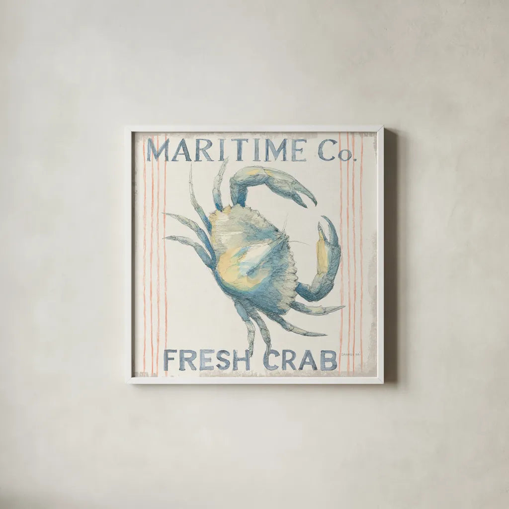 Floursack Nautical III Sq by Danhui Nai. Shown in a crisp white glass frame for a clean and minimalist style. Available as an archival giclee rolled canvas, fine art paper, or poster print. SKU 60979a.