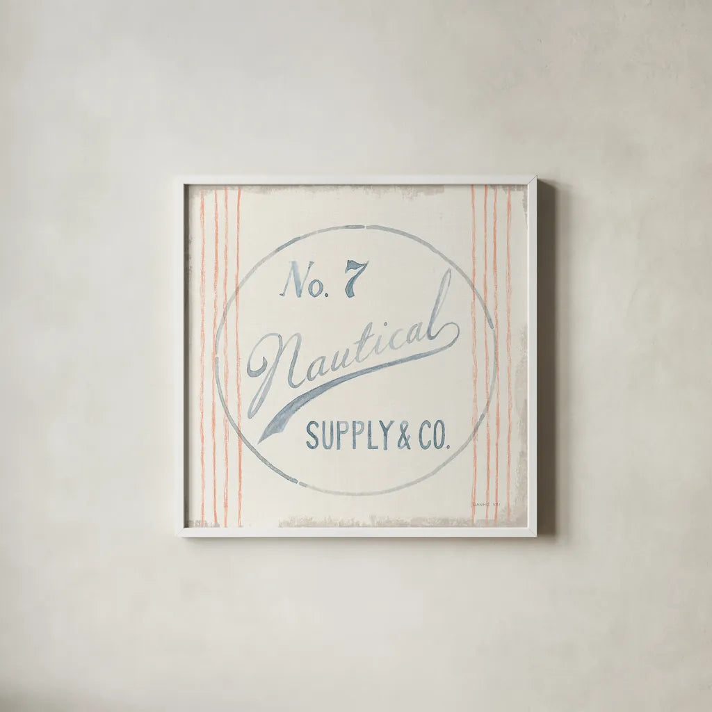 Floursack Nautical IX by Danhui Nai. Shown in a crisp white glass frame for a clean and minimalist style. Available as an archival giclee rolled canvas, fine art paper, or poster print. SKU 50946a.