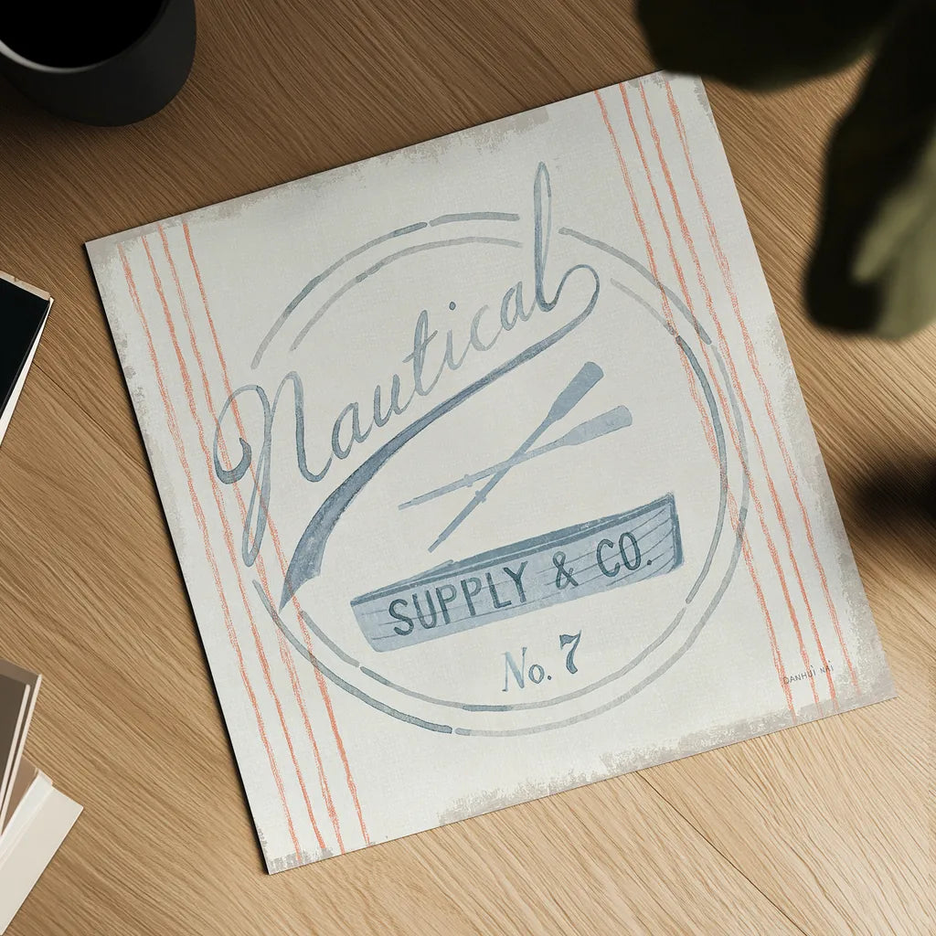 Floursack Nautical IX Boat by Danhui Nai. Shown as a detailed flat fine art print, highlighting archival giclee quality. Available as an archival giclee rolled canvas, fine art paper, or poster print. SKU 55268a.