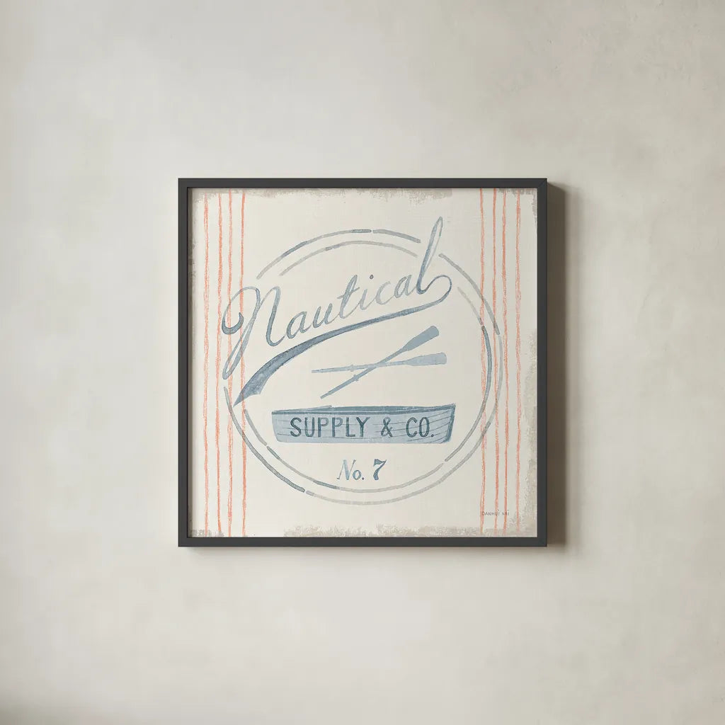 Floursack Nautical IX Boat by Danhui Nai. Shown in a sleek black glass frame for a contemporary gallery look. Available as an archival giclee rolled canvas, fine art paper, or poster print. SKU 55268a.