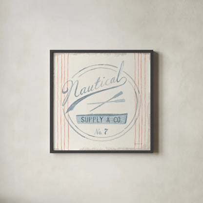 Floursack Nautical IX Boat by Danhui Nai. Shown in a sleek black glass frame for a contemporary gallery look. Available as an archival giclee rolled canvas, fine art paper, or poster print. SKU 55268a.