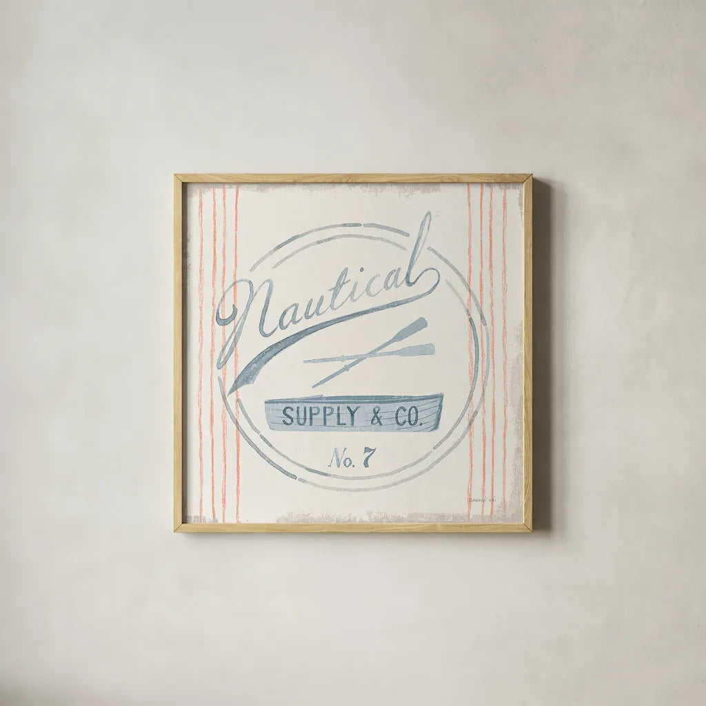 Floursack Nautical IX Boat by Danhui Nai. Shown in a natural wood glass frame for a timeless modern aesthetic. Available as an archival giclee rolled canvas, fine art paper, or poster print. SKU 55268a.