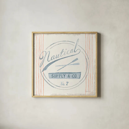 Floursack Nautical IX Boat by Danhui Nai. Shown in a natural wood glass frame for a timeless modern aesthetic. Available as an archival giclee rolled canvas, fine art paper, or poster print. SKU 55268a.