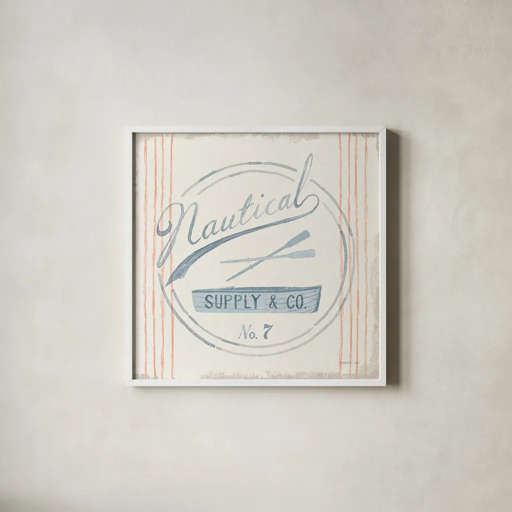 Floursack Nautical IX Boat by Danhui Nai. Shown in a crisp white glass frame for a clean and minimalist style. Available as an archival giclee rolled canvas, fine art paper, or poster print. SKU 55268a.