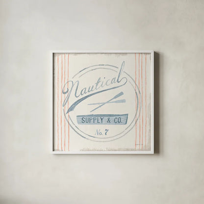 Floursack Nautical IX Boat by Danhui Nai. Shown in a crisp white glass frame for a clean and minimalist style. Available as an archival giclee rolled canvas, fine art paper, or poster print. SKU 55268a.